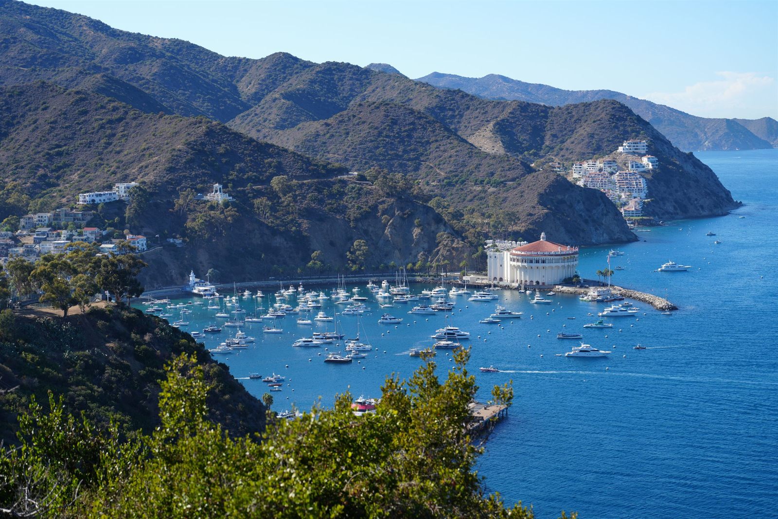 The bay at Avalon on Catalina Island with moored boats and the round Casino building